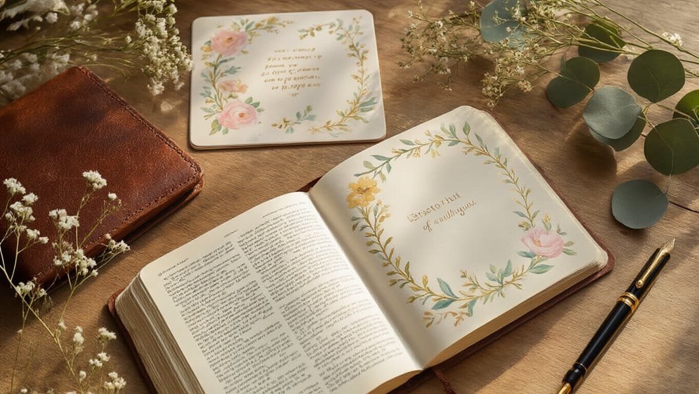 Inspirational open Bible with floral illustrations on a wooden table, surrounded by flowers, greenery, and a pen, emphasizing devotion, faith, and biblical studies.