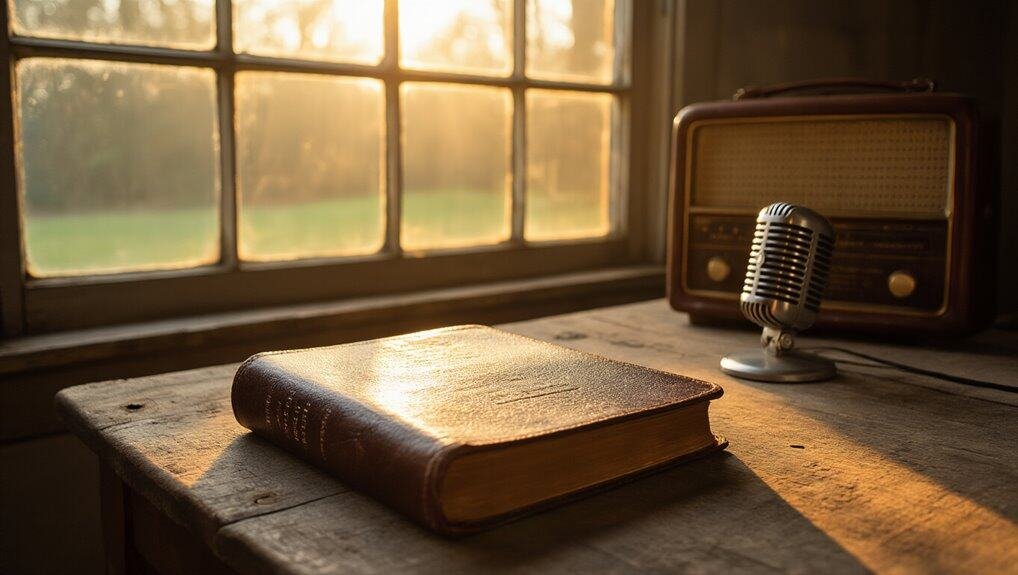 Aesthetic Bible Verses to Inspire Faith Daily My Bible Song 2026 Vintage Bible and microphone on wooden table by window during sunset, symbolizing Christian worship, gospel music, and biblical teachings. Perfect for promoting faith-based content and spiritual music.