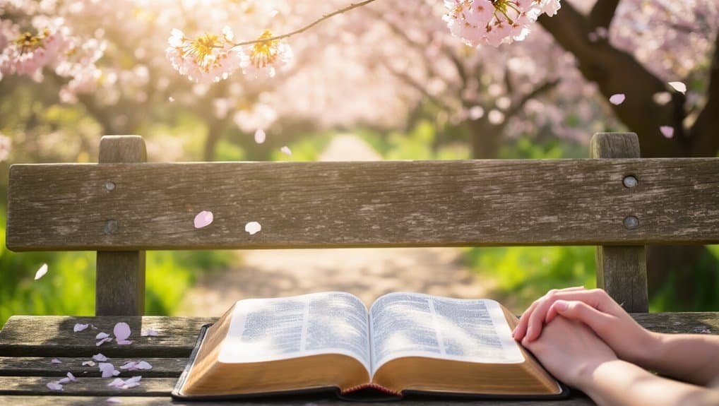 Open Bible on park bench with cherry blossoms, peaceful prayer and faith, reading scripture, spiritual growth, Christian worship, outdoor devotion, religious inspiration, My Bible Song.