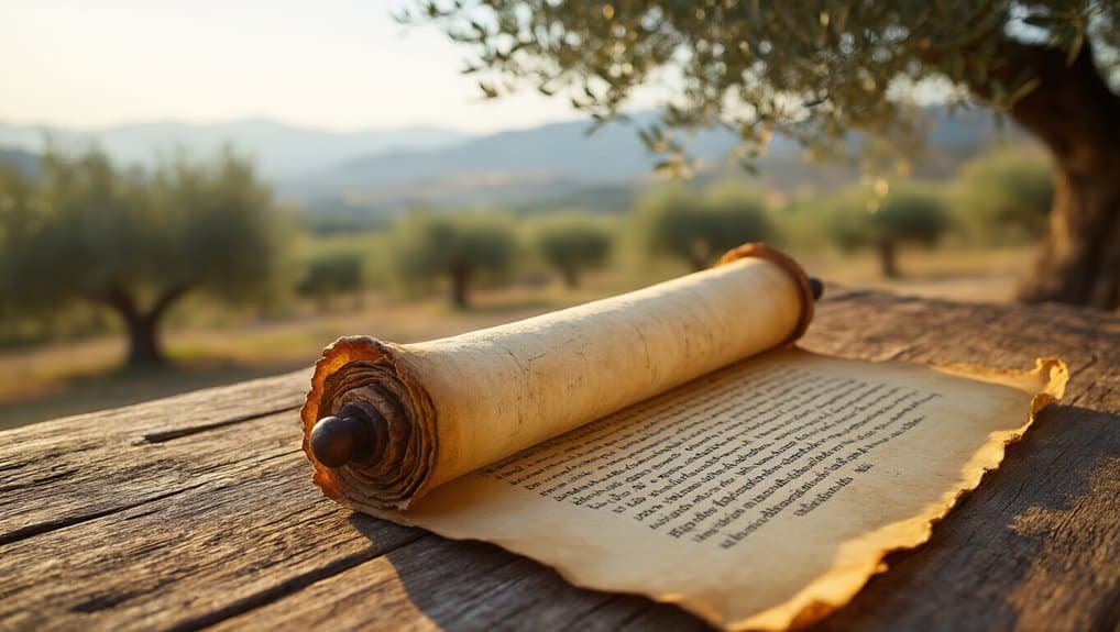 Ancient scroll resting on a rustic wooden table with a scenic background of olive trees and mountains, symbolizing biblical themes and spiritual inspiration.
