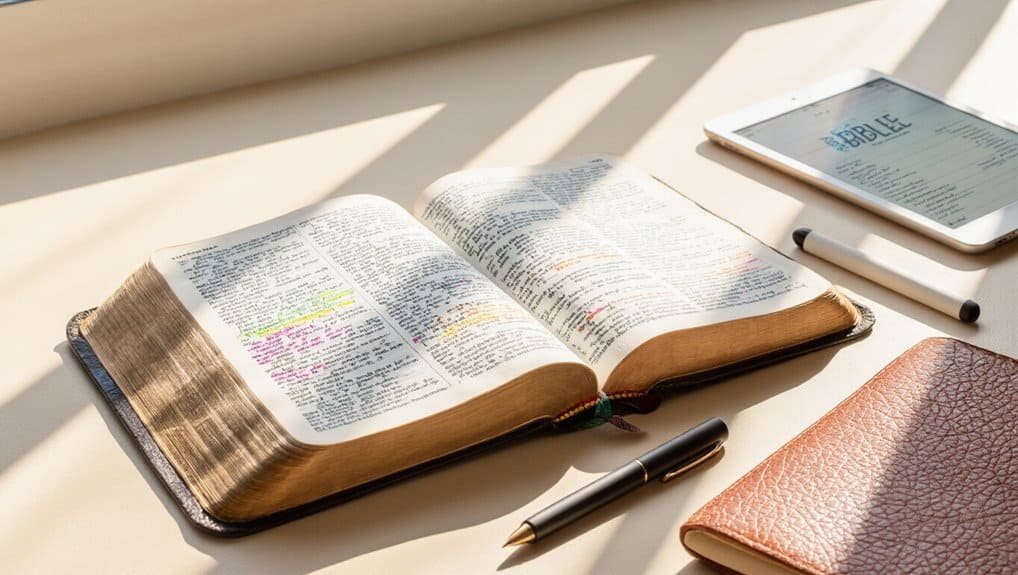 Bible open with highlighted texts, digital device with Bible app, notebook, and pen on white table, representing Christian worship and Bible study for children and families.