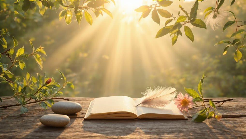 Peaceful outdoor scene with an open Bible, soft sunlight, pink flower, white feather, and stones on a wooden surface, inspired by My Bible Song for spiritual reflection and worship.