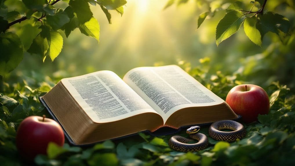 Open Bible with sunlight, apples, and snake in nature setting, symbolizing biblical themes, prayer, and spiritual reflection. Ideal for Christian worship, faith, and religious inspiration.