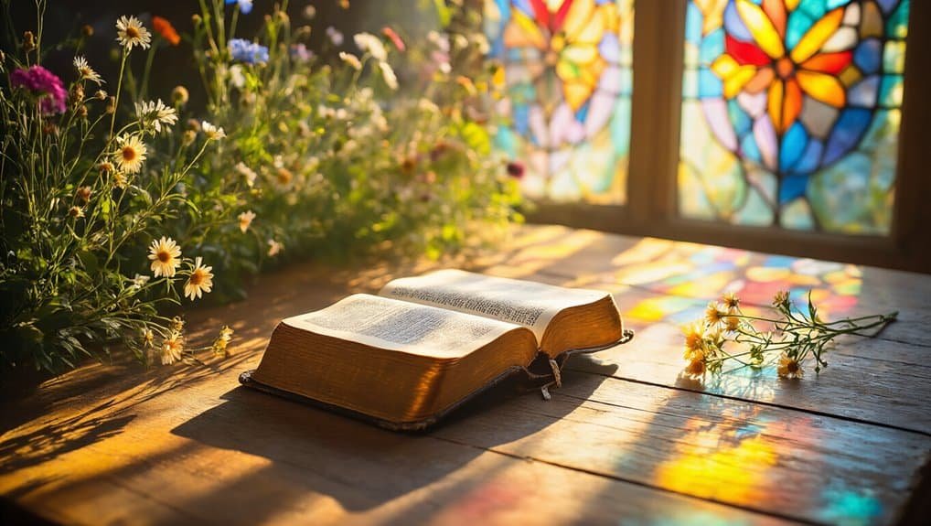 Open Bible on wooden table with colorful stained glass window, surrounded by wildflowers, symbolizing faith and spirituality, ideal for Christian worship, prayer, and biblical study.
