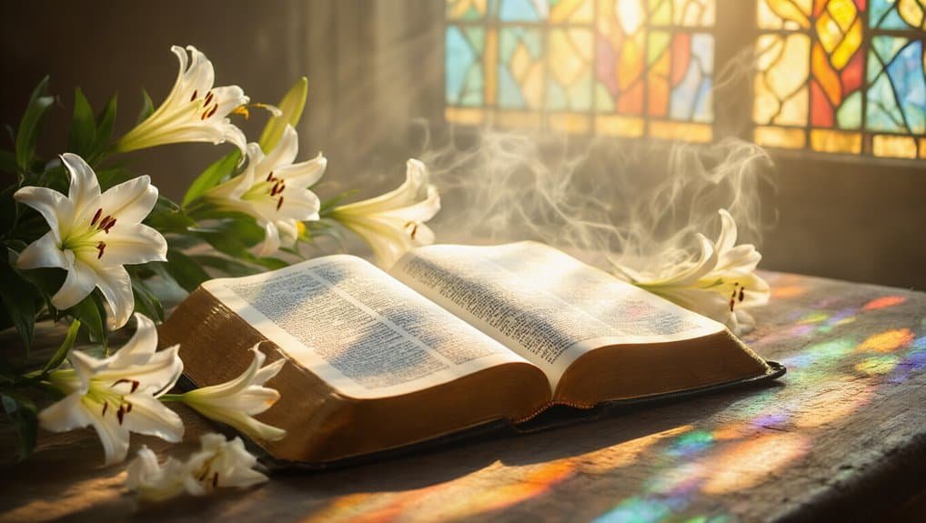 Open Bible with white lilies and colorful stained glass window, symbolizing faith and worship, on a wooden table with sunlight, perfect for Christian worship and devotional practices.