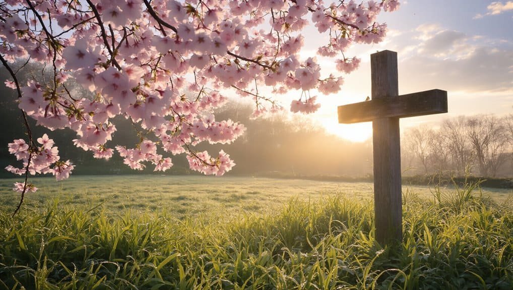 Beautiful sunrise over a grassy field with a wooden cross and cherry blossom branches, symbolizing faith, hope, and spirituality, perfect for a Christian-themed website like My Bible Song.