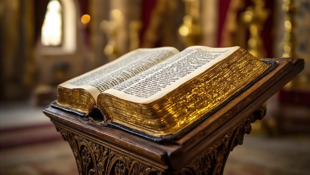 Ancient open Bible with gold leaf edges on ornate wooden lectern in a church setting for Christian worship.