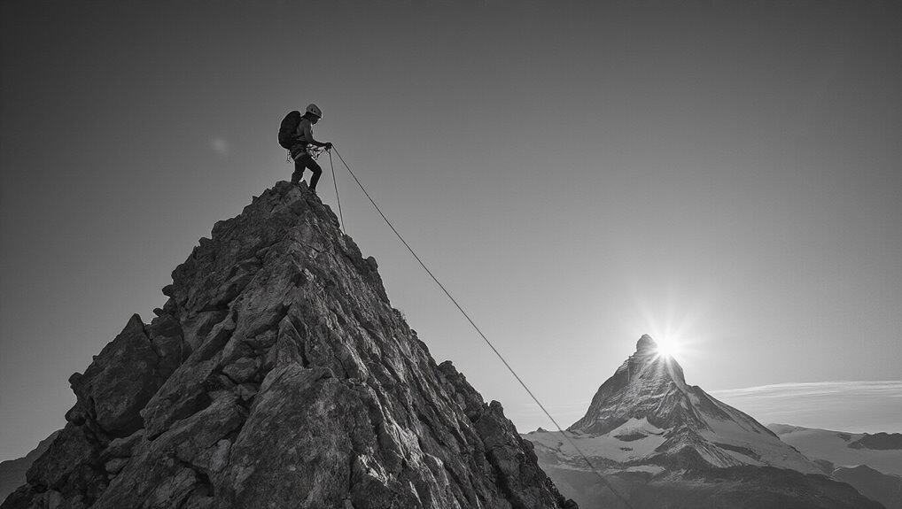 Climber ascending a mountain peak near Mount Everest during sunrise, symbolizing perseverance and faith in spiritual journey.