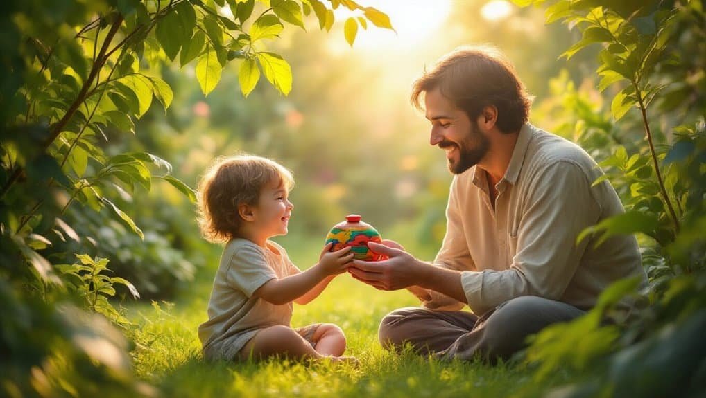 Joyful father and young daughter sharing a colorful toy in a lush green garden with warm sunlight, emphasizing family bonding and outdoor play in a biblical-inspired setting.