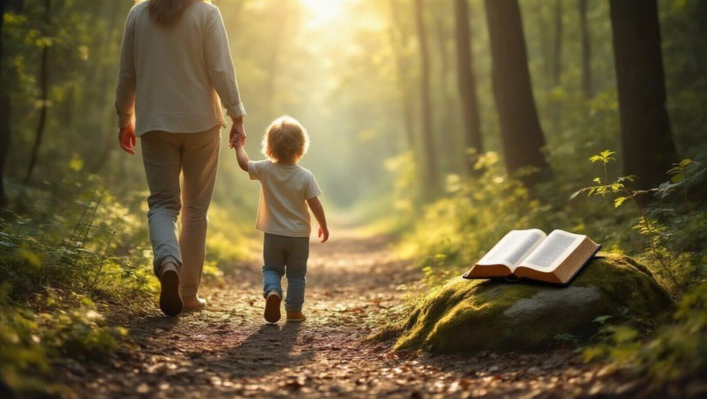 What Does Bible Verse 4:20 Teach Us? Meaning and Life Lessons My Bible Song 2026 Peaceful walk in the forest with a child and an adult, illuminated by sunlight, with an open Bible on the mossy rock, symbolizing faith, spirituality, and biblical teachings for kids.