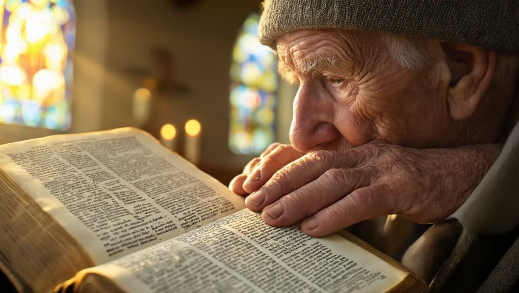 Young elderly man reading the Bible in church, focused on scripture, religious devotion, spiritual practice, faith, worship, prayer, Christian community, and biblical studies.