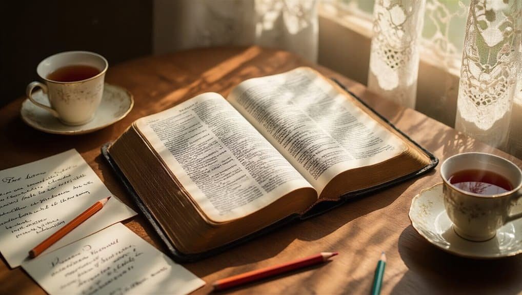 A photo of an open Bible on a wooden table with two cups of tea and handwritten notes, illuminated by soft sunlight through lace curtains, emphasizing faith and spiritual reflection for Christian worship.