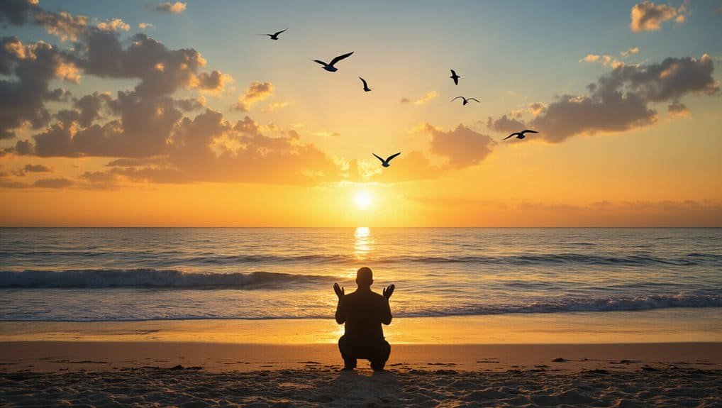Hope and faith in God's creation at sunset on the beach, with a person praying and birds flying in the sky, illustrating spiritual connection and serenity.