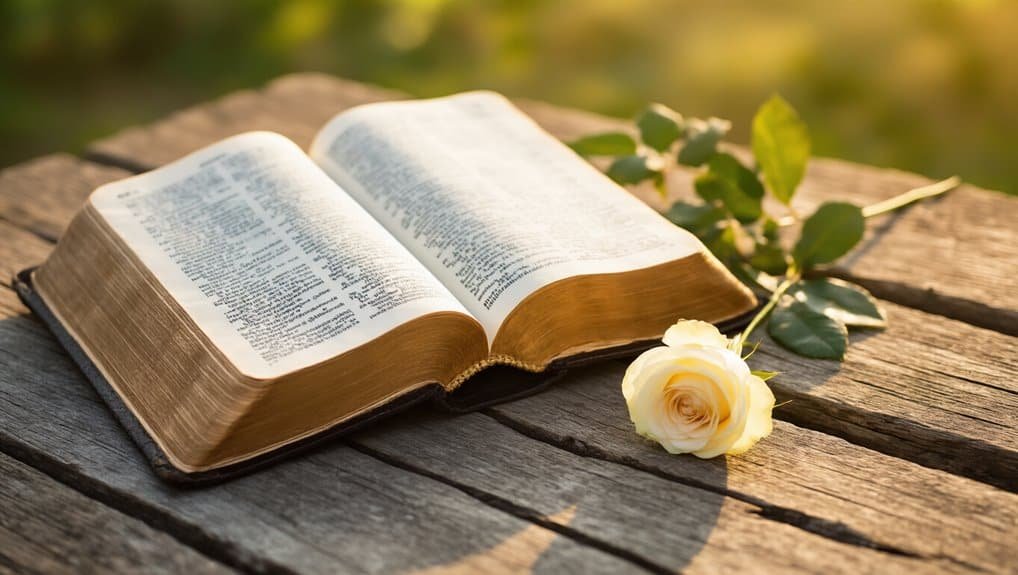 Powerful Bible Verses About Love for Daily Life My Bible Song 2026 Open Bible on wooden surface with a white rose, symbolizing faith and devotion, perfect for Christian worship and Bible study.