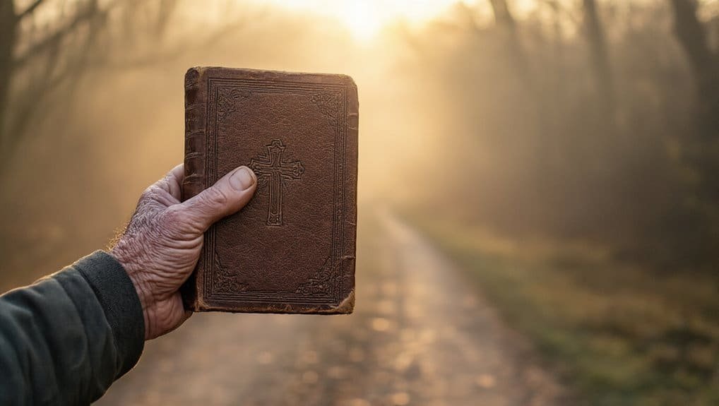 Old leather Bible with cross embossing held in hand during sunrise, inspiring faith and spirituality, perfect for Christian worship and Bible study.