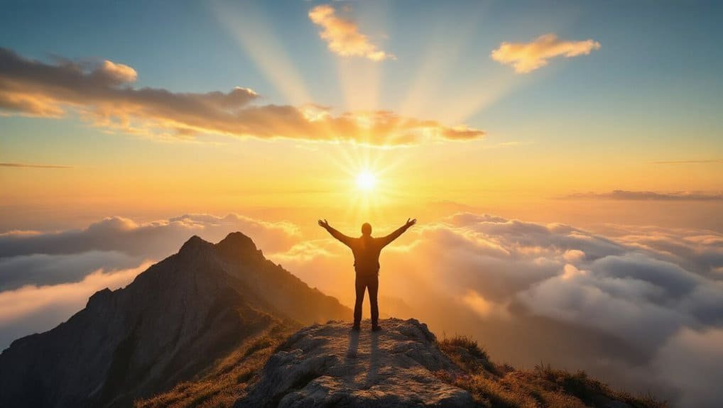 A person standing triumphantly on a mountain peak at sunrise with outstretched arms, symbolizing faith, hope, and spiritual victory in a scenic biblical-themed setting.