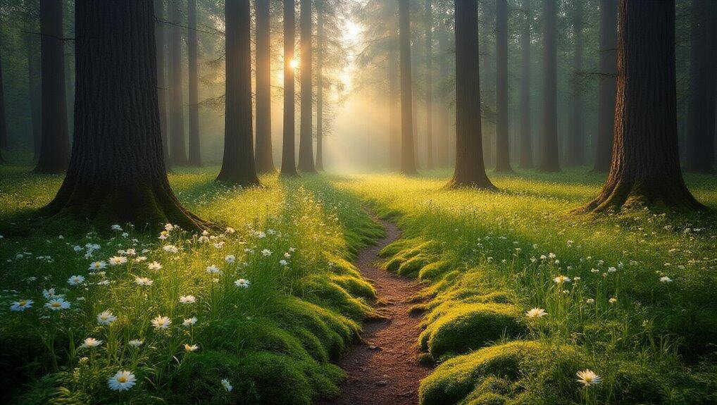 Serene forest path with sunlight streaming through tall trees and blooming wildflowers, creating a peaceful natural scene perfect for spiritual reflection and connection with God.