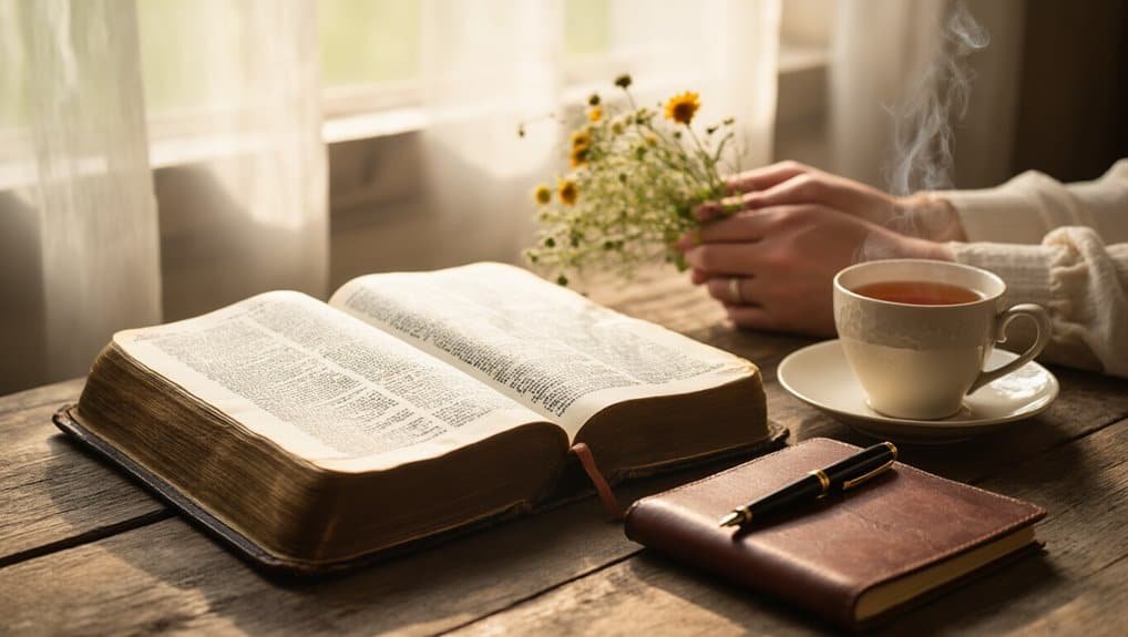 Open Bible with a cup of tea, notebook, and flowers on a wooden table, symbolizing devotional time or Bible study, promoting faith and spiritual growth.