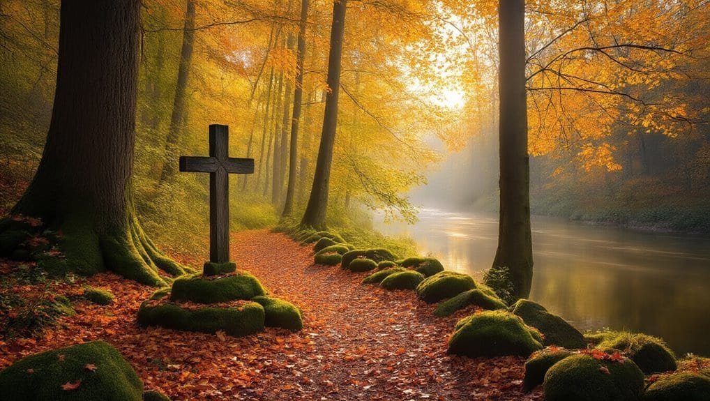 What Does Bible Verse 444 Signify for Your Spiritual Journey? My Bible Song 2026 Serene autumn forest with a cross on moss-covered rocks by a calm river, sunlight filtering through colorful leaves, creating a peaceful and spiritual atmosphere for faith and inspiration.