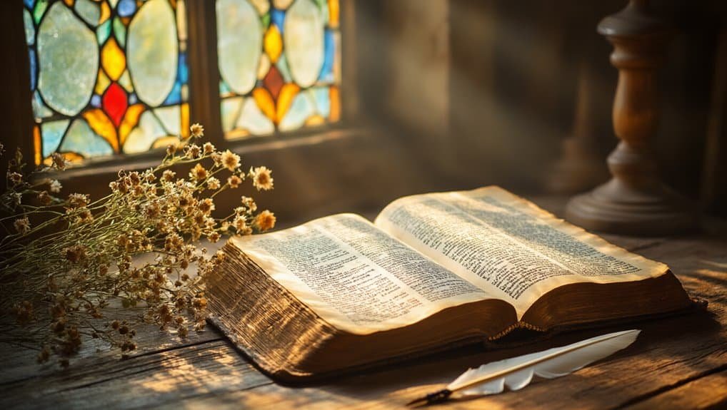 A Bible open on a wooden table near colorful stained glass windows with dried flowers and a feather quill, symbolizing faith, worship, and biblical inspiration for spiritual growth and religious devotion.