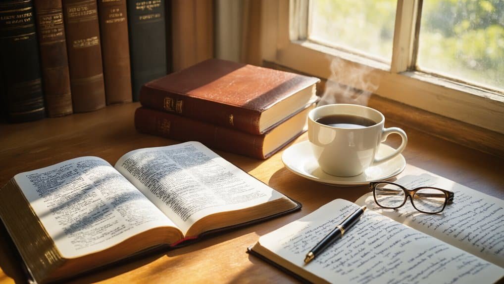 Bible study, coffee, and prayer scene with open Bible, books, glasses, and pen on wood table by window for spiritual reflection and devotion.