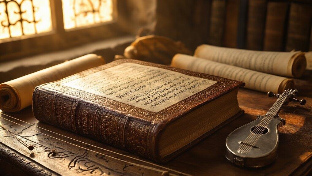 Ancient Bible with scrolls and a small stringed instrument on a wooden table in warm sunlight, emphasizing Christian worship, Bible study, and religious music.