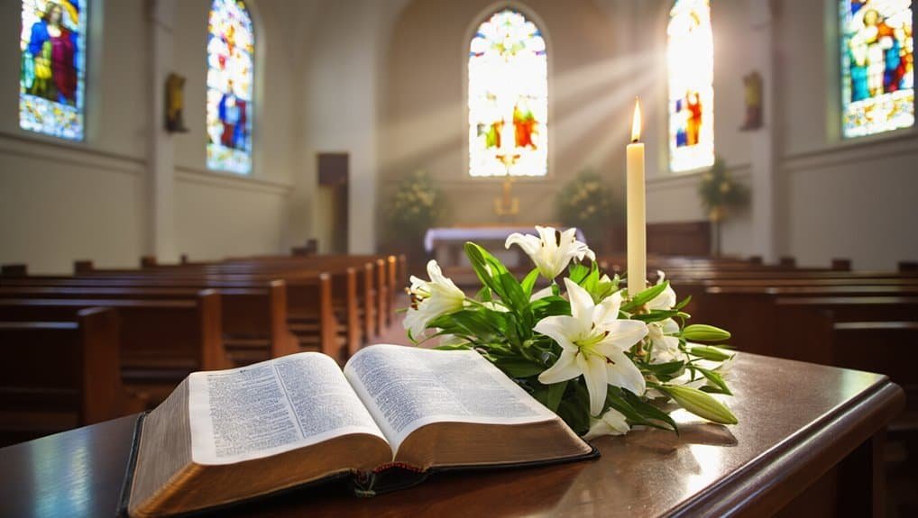 Image of an open Bible, white lilies, and a lit candle inside a church with stained glass windows for My Bible Song.