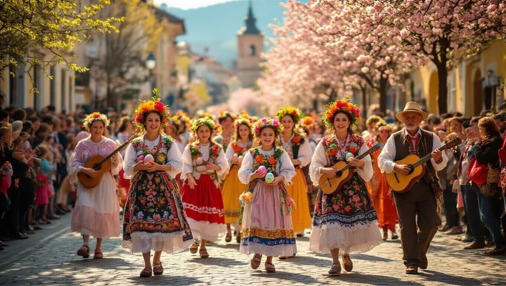 Colorfully dressed women and children performing traditional European folk dance and music during a cultural festival, surrounded by a crowd on a scenic street lined with blooming trees.