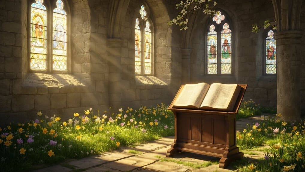 Bible church stained glass windows with sunlight, open Bible on wooden stand, surrounded by spring flowers in a peaceful prayer room.