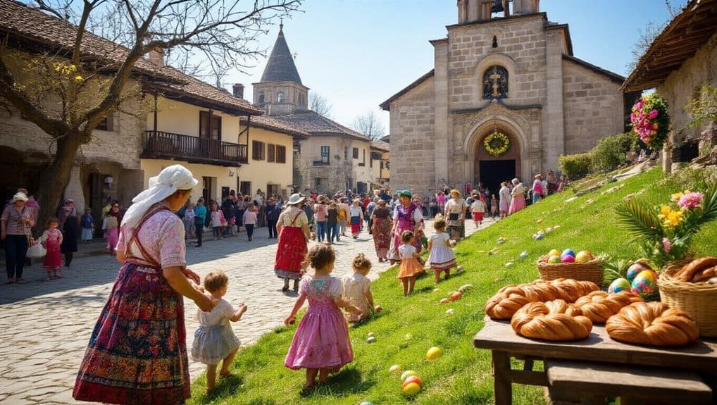 Colorful traditional Easter celebration with children and families enjoying a festive outdoor day near a church, featuring decorated eggs, baked goods, and cultural attire in a picturesque village setting.
