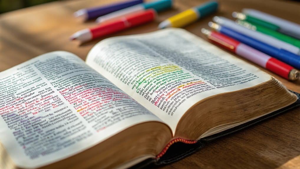 Colorful highlighted Bible verses in an open Bible on a wooden table with markers; focus on scripture highlighting for Christian devotional and biblical study resources.