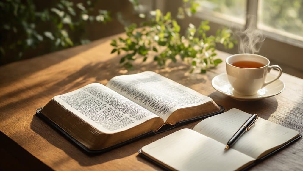 Bible open on a wooden table with a pen and notebook, steaming cup of tea, and spring flowers in sunlight, promoting Christian devotion, prayer, and biblical study.
