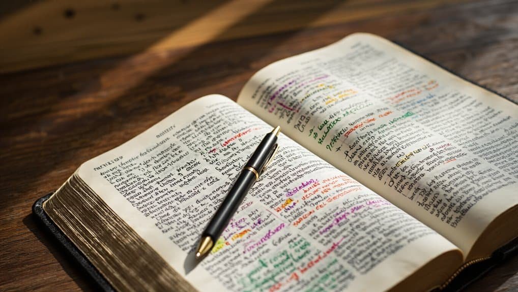 Color-coded Bible with handwritten notes and highlights for devotional study and worship.