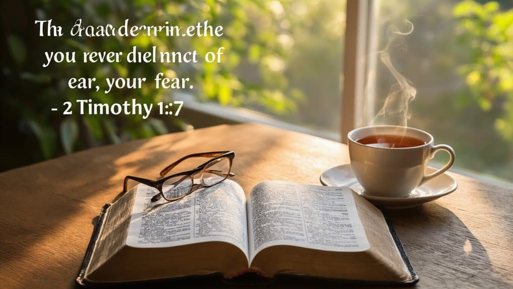 Peaceful Bible open on a wooden table with reading glasses and a steaming cup of tea, sunlight streaming through the window, creating a serene setting ideal for Bible reading and worship.