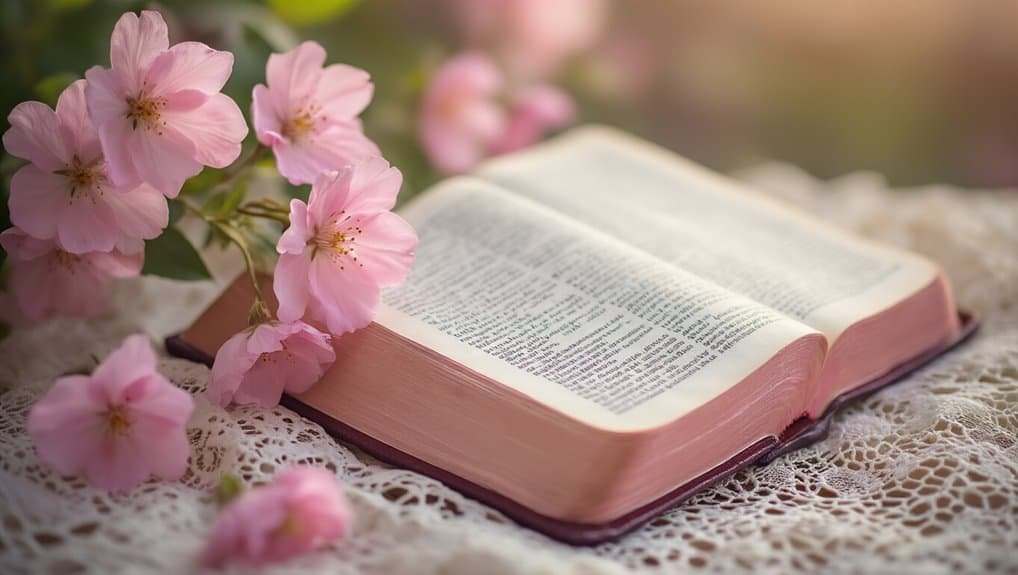 Bible open with pink cherry blossoms, representing faith and spirituality, on a lace cloth, emphasizing the importance of scripture in Christian worship and prayer.