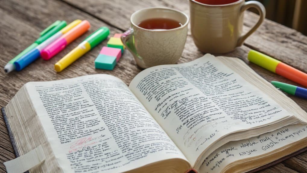 Colorful highlighters, sticky notes, and a Bible on a rustic wooden table with two cups of tea or coffee.