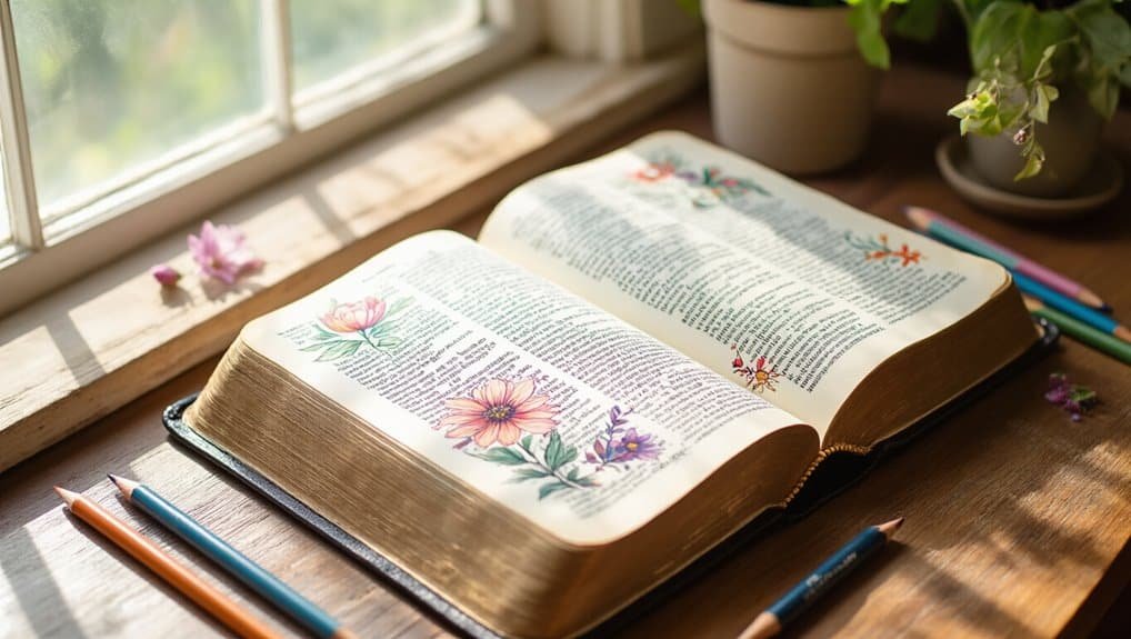 Bible open with floral illustrations on pages, warm sunlight from window, colorful pens and potted plants, emphasizing faith, prayer, and Christian music for My Bible Song SEO content.
