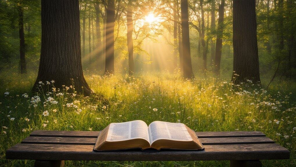 Bible in a park with sunlight through trees, representing spiritual growth and faith.