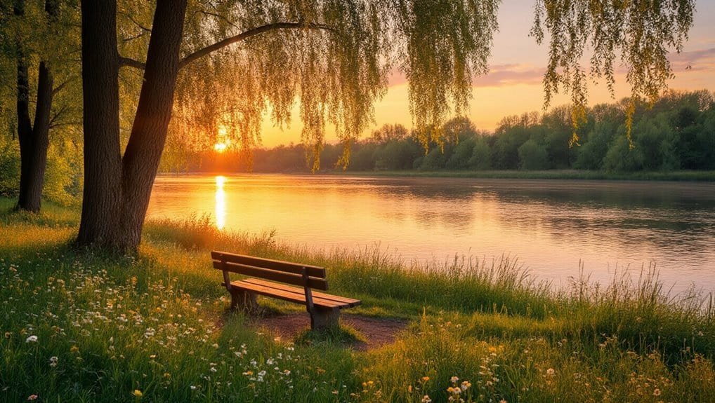 Serene lakeside scene at sunset with a wooden bench under a large tree, offering a peaceful outdoor setting for reflection and prayer inspired by Bible songs and Christian worship.