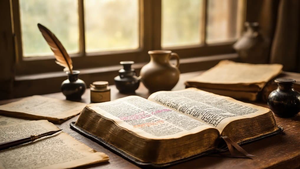 Old open Bible on wooden desk with ink bottles, quill pen, and scrolls, illuminated by natural sunlight through a window, emphasizing Christian faith and biblical study.
