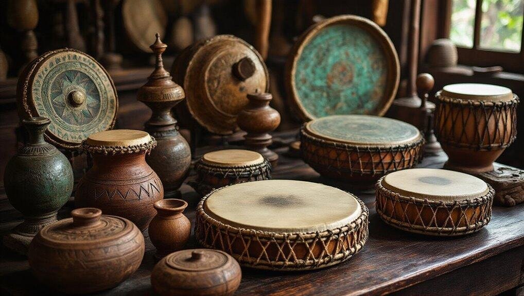 Wooden drums and traditional percussion instruments on a rustic table, ideal for creating biblical and spiritual music, perfect for faith-based worship and religious song recordings.