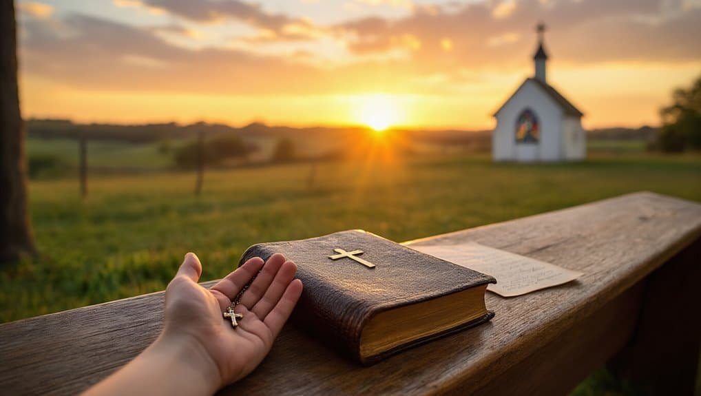 Bible prayer, spiritual worship, peaceful sunset, church, religious faith, Christian devotion, God’s presence, prayer time, faith journey, outdoor prayer scene.