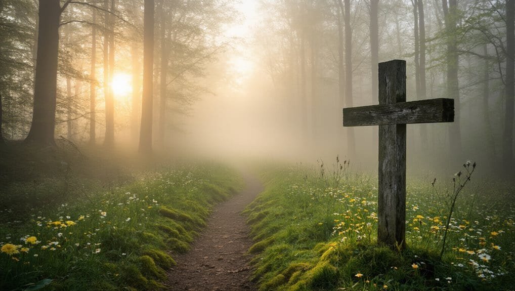 Sunlight filtering through misty forest trees with a wooden cross along a path, representing faith and spirituality, ideal for Christian inspiration images and religious content.