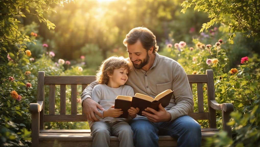 A father and child reading the Bible together on a park bench surrounded by blooming flowers during sunset.