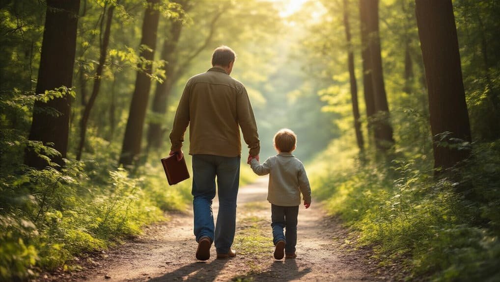 Father and son walking hand in hand through a lush green forest, representing faith, guidance, and spiritual growth in Biblical teachings for children.
