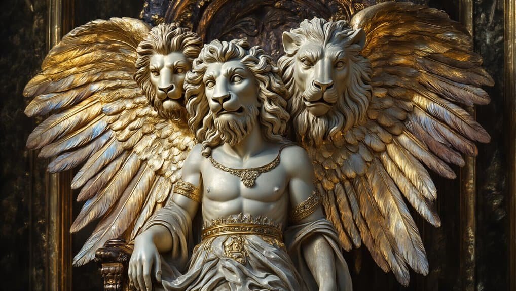 Majestic sculpture of a crowned figure with angelic wings, symbolizing strength and divinity, suitable for religious or inspirational themes on My Bible Song.