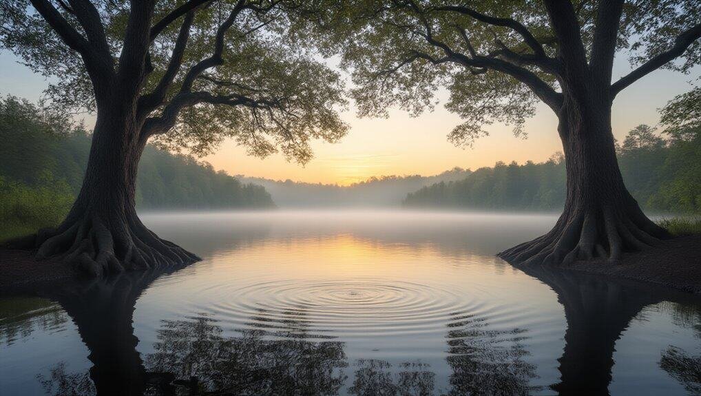 Peaceful lake scene with reflective water and large trees at sunrise, emphasizing serenity and spiritual reflection for Christian faith and worship.