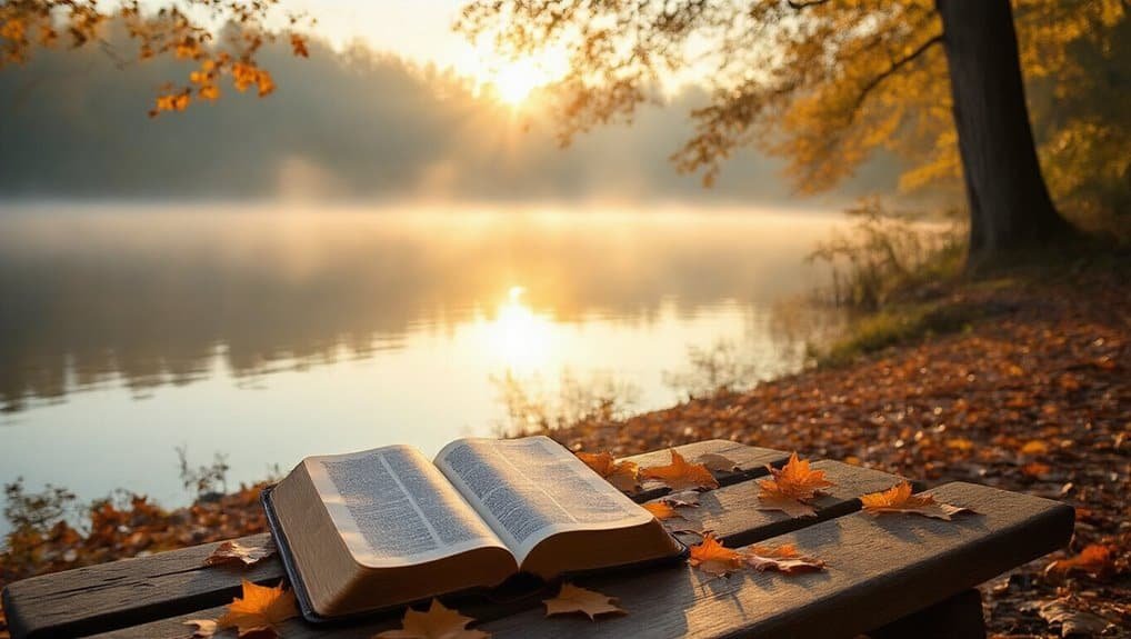 Serene outdoor scene with an open Bible on a wooden bench beside a calm lake during autumn, illuminated by sunrise, highlighting faith, spirituality, and nature.