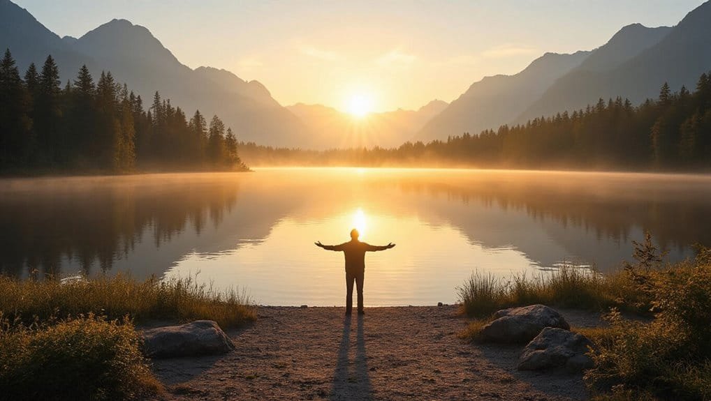 Sunrise over mountain lake with person raising arms, representing faith and spirituality, perfect for Christian worship and prayer themes.