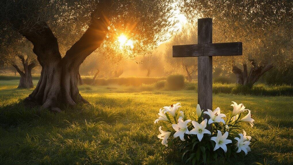 Powerful Bible Verses About Love for Daily Life My Bible Song 2026 Sunlit wooden cross with white lilies on grassy churchyard during sunrise, symbolizing faith and hope in Christianity – ideal image for promoting Bible songs and spiritual worship.